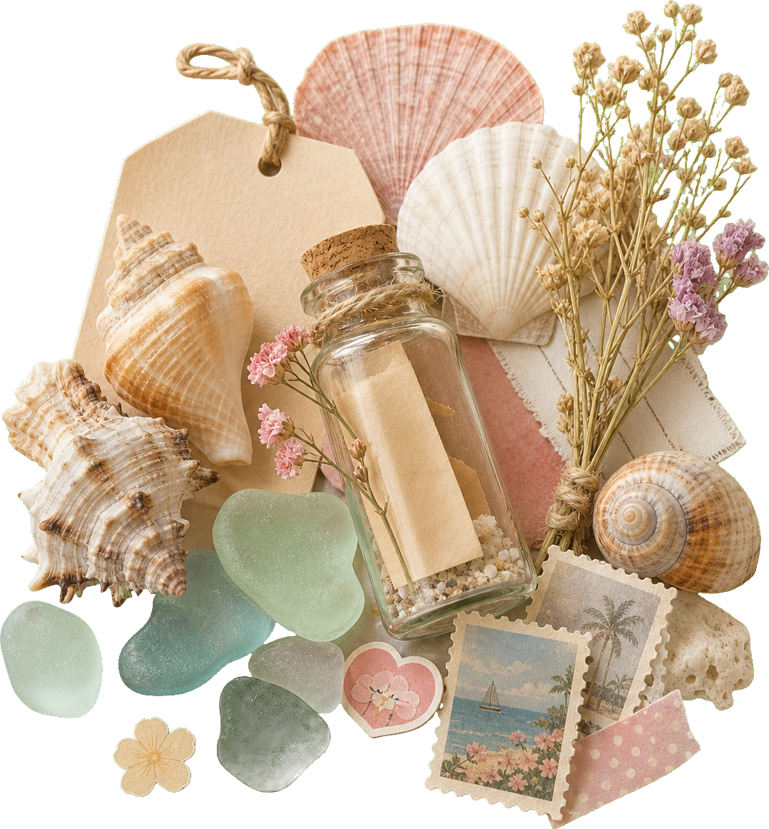 Real seashells, sea glass, dried flowers, postage stamps, and a small glass bottle arranged as beach keepsakes
